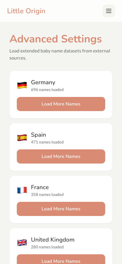 Advanced Settings page with per-country ingestion status