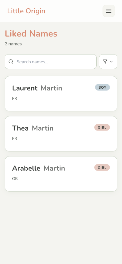 Liked Names list with search and filters