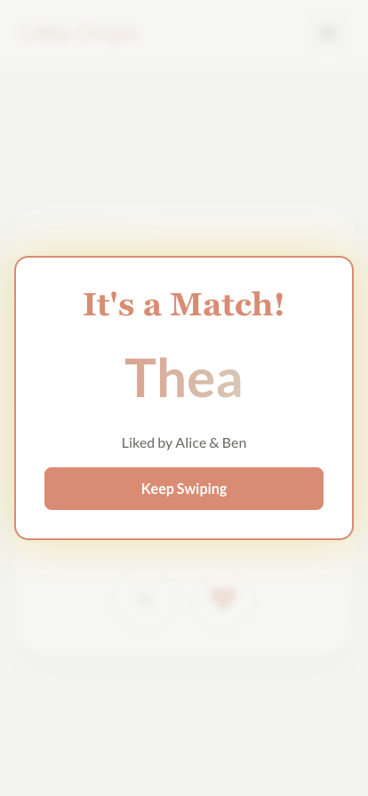 It's a Match! notification shown when both partners like the same name