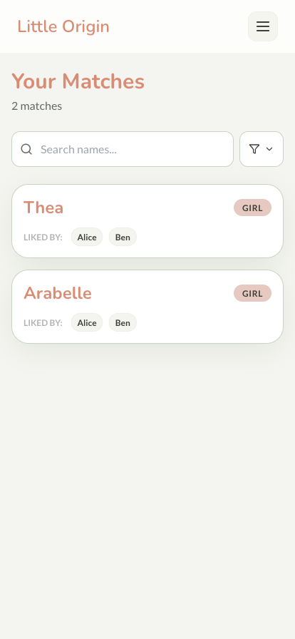 Matches page listing the names both partners liked