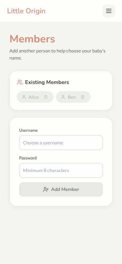 Members page listing existing members and a form to add a new one