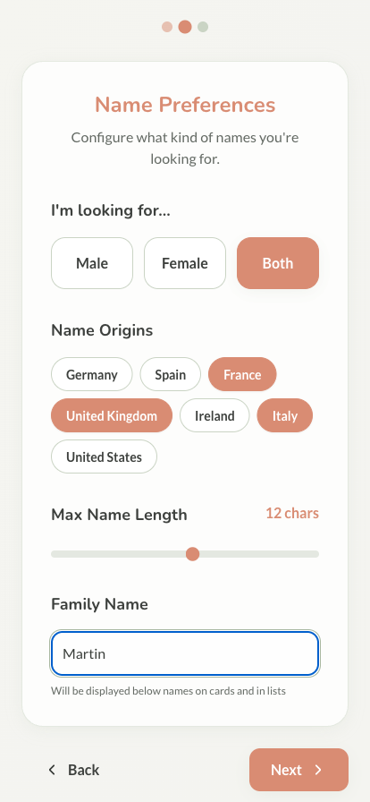 Onboarding step 2: name preferences