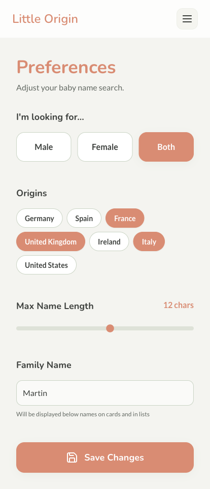 Preferences page with gender, origin, name length and family name settings
