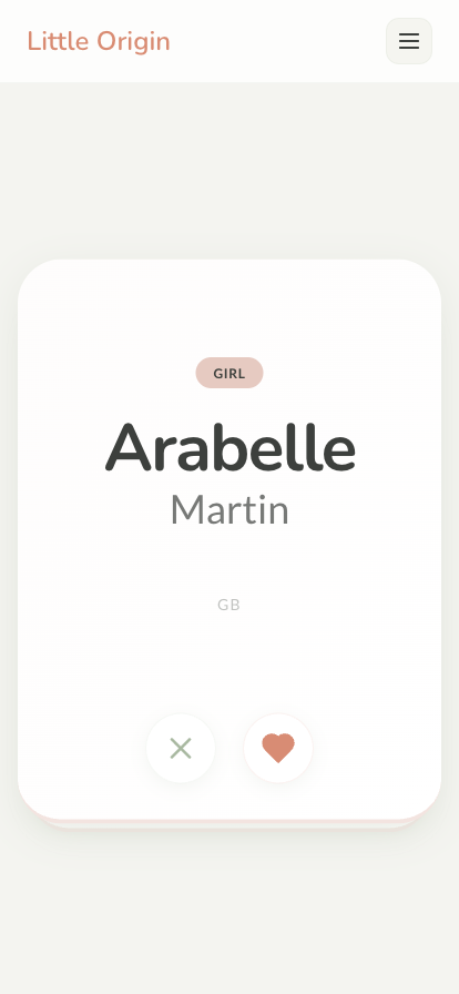 Swipe interface showing a name card with like and pass buttons